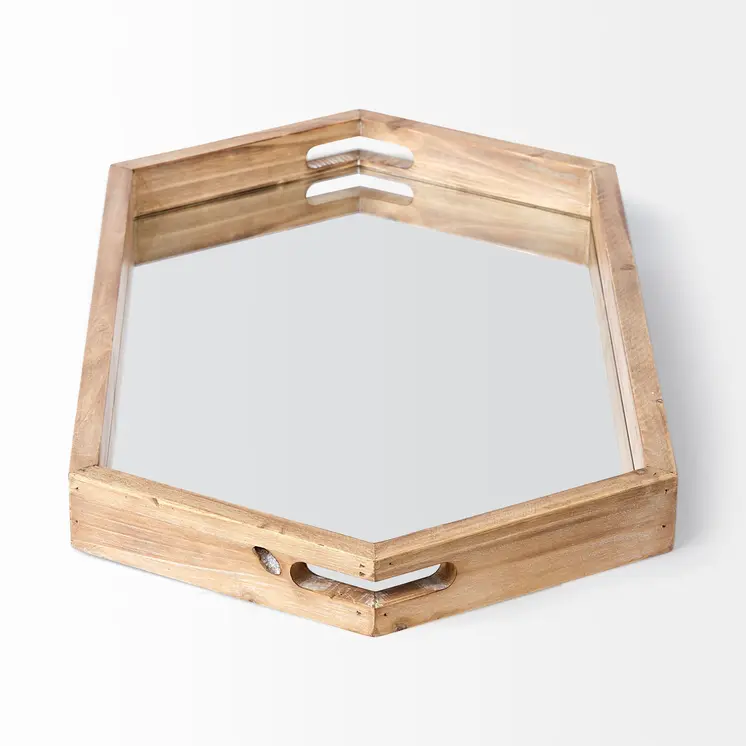19" Natural and Brown Hexagon Wood Indoor Outdoor Tray With Handles