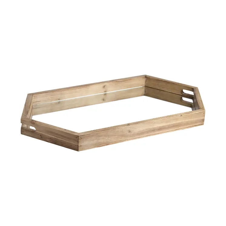 19" Natural and Brown Hexagon Wood Indoor Outdoor Tray With Handles