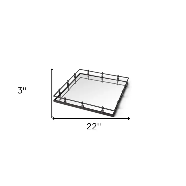 Natural Finish Metal With Mirrored Glass Bottom And Railing Handle Tray