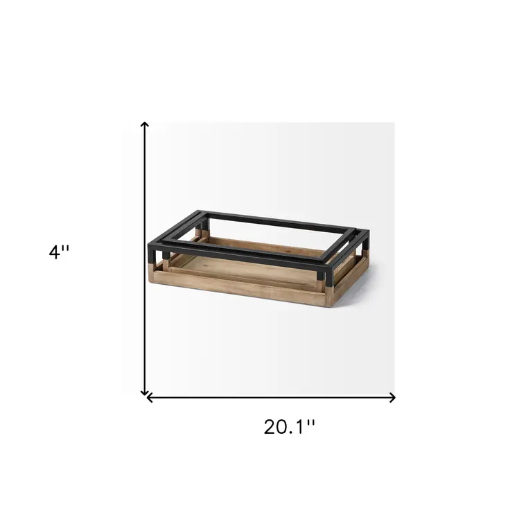 Set of Two Brown Wood Indoor Outdoor Tray With Handles