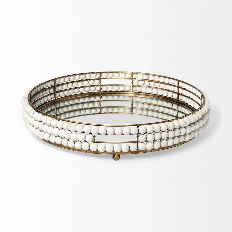 22" Antiqued Gold And White Metal Wood And Mirrored Glass Round Vanity Tray