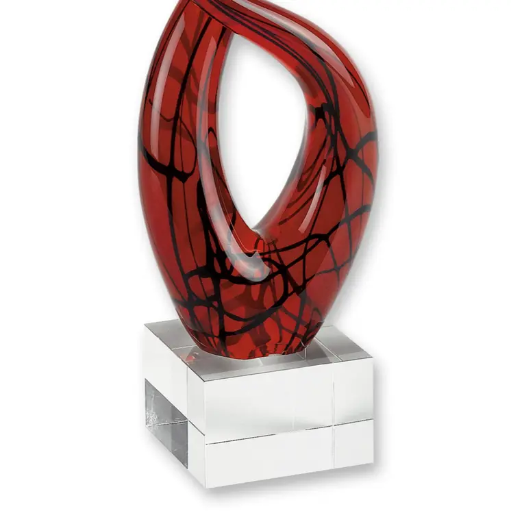 13" Clear Burgundy and Black Murano Glass Modern Abstract Tabletop Sculpture
