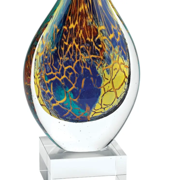 13" Blue and Yellow Murano Glass Modern Abstract Tabletop Sculpture