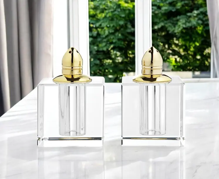 Handcrafted Optical Crystal And Gold Square Size Salt And Pepper Shakers