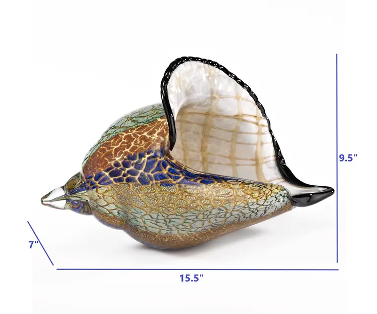 10" Gold Blue Green White Murano Glass Conch Shell Tabletop Sculpture