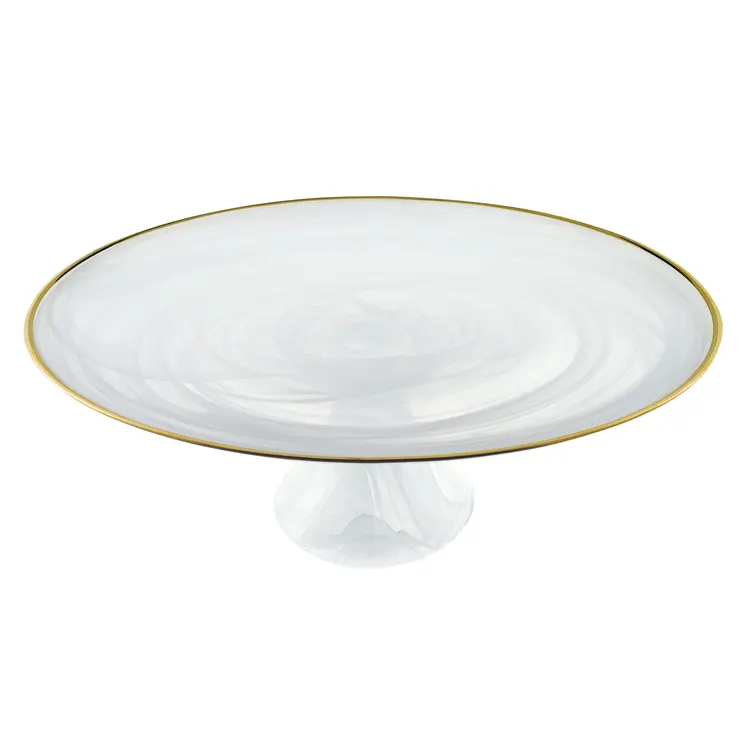 Handcrafted Optical Glass And White Gold Footed Cakestand With Gold Rim