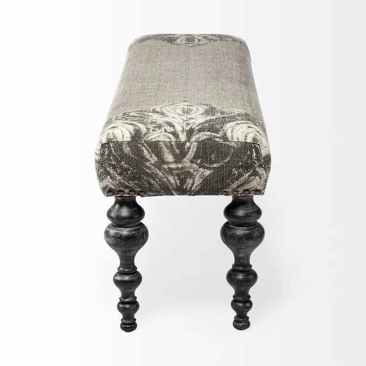 55" Gray and Black Upholstered Cotton Blend Floral Distressed Bench