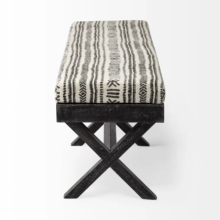 50" Gray Natural And Charcoal Abstract Tribal Cotton Blend And Solid Wood Bench