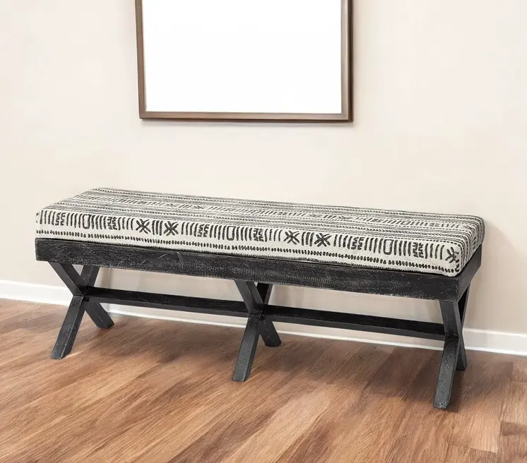 50" Gray Natural And Charcoal Abstract Tribal Cotton Blend And Solid Wood Bench