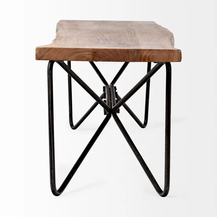 66" Brown and Black Distressed Live Edge Solid Wood Dining Bench