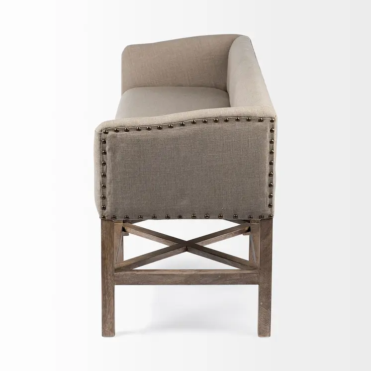 19" Beige and Brown Upholstered Cotton Blend Bench