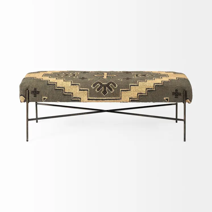 55" Green Brown and Black Upholstered Abstract Cotton Blend Bench