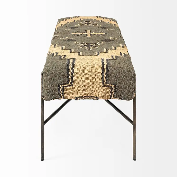 55" Green Brown and Black Upholstered Abstract Cotton Blend Bench