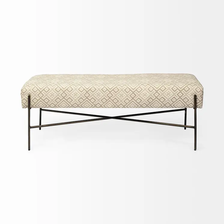 17" Cream and Black Upholstered Cotton Blend Geometric Bench