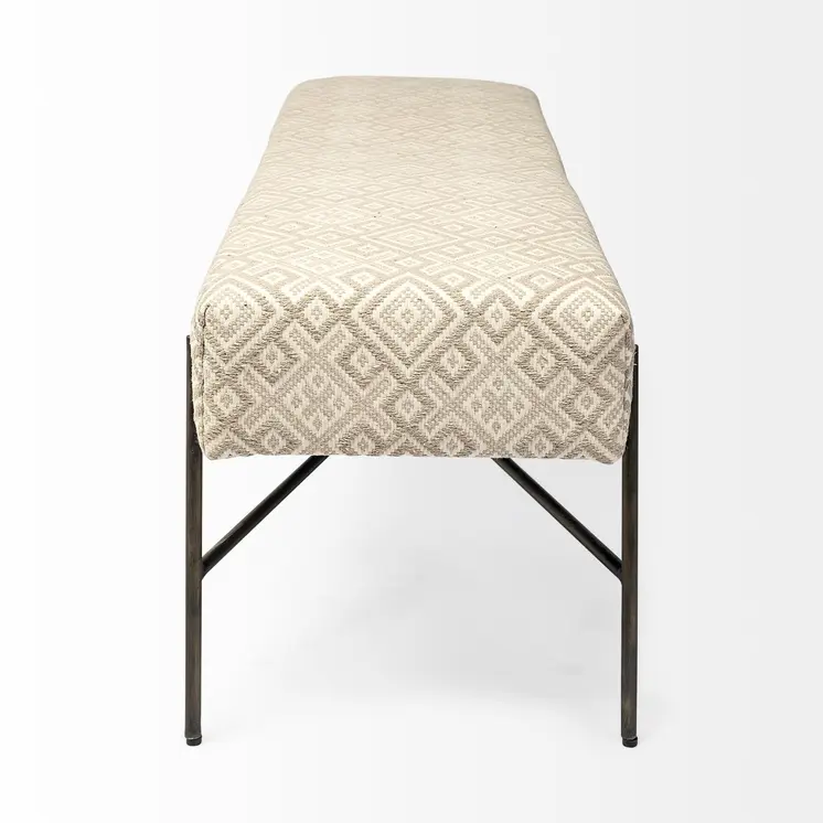 17" Cream and Black Upholstered Cotton Blend Geometric Bench