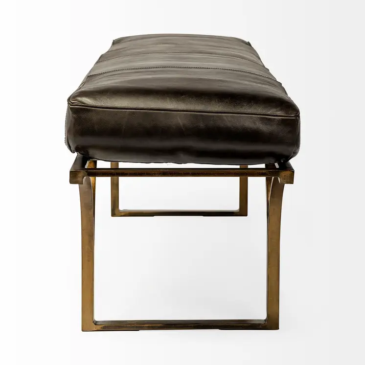 16" Black And Antiqued Brass Upholstered Genuine Leather Bench