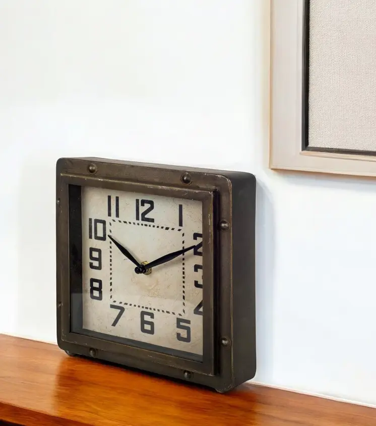 Square  Bronze Toned Metal Desk Table Clock With Traditional Black Numbers And Hands