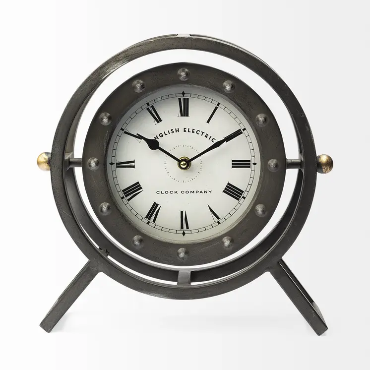 Gray Metal Circular Desk  Table Clock With Rivet Detail Frame
