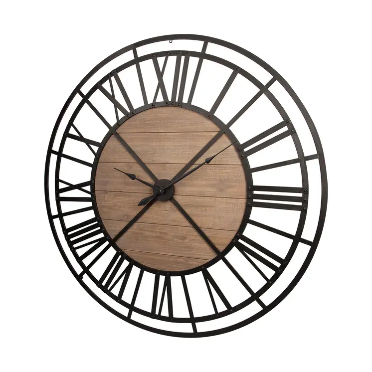 59" Black And Brown Metal and Solid Wood Skeleton Circle Wall Clock