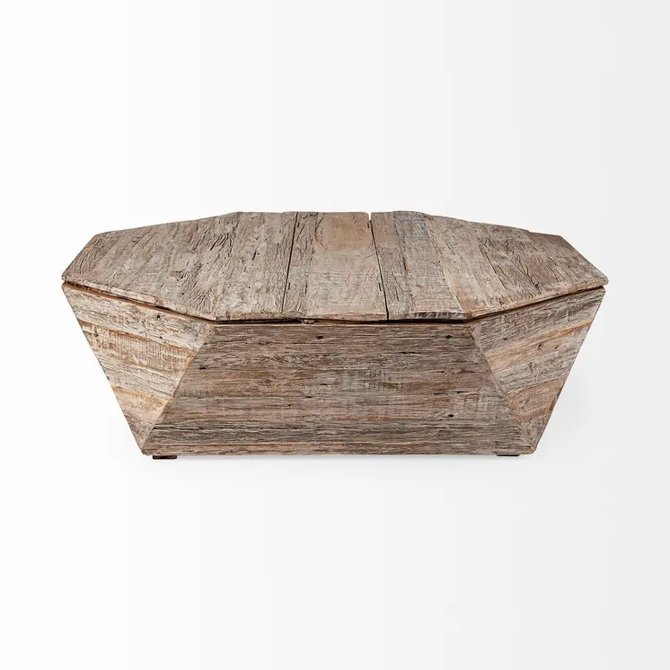 49" Natural Wood Octagon Distressed Lift Top Abstract Coffee Table