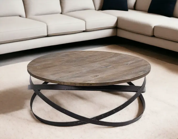 41" Brown and Black Solid Wood and Metal Round Coffee Table