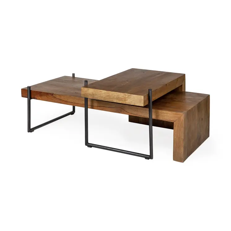 Set of Two Brown Solid Wood and Wood Nested Coffee Tables
