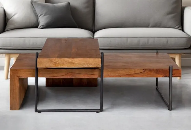 Set of Two Brown Solid Wood and Wood Nested Coffee Tables