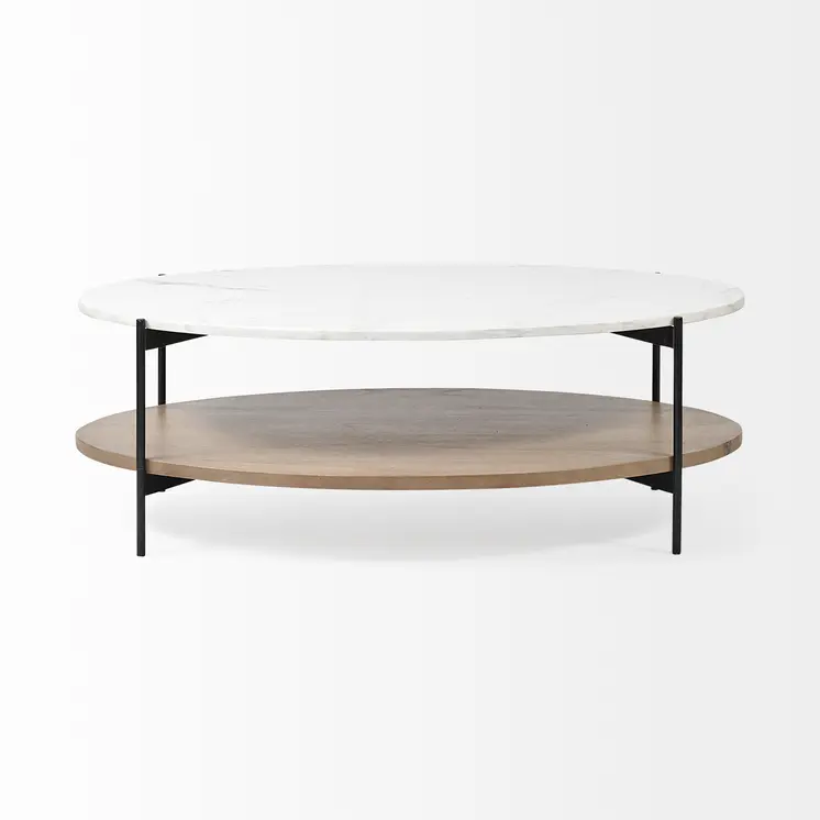 48" Brown and Black Genuine Marble and Metal Oval Coffee Table With Shelf