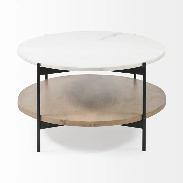 48" Brown and Black Genuine Marble and Metal Oval Coffee Table With Shelf
