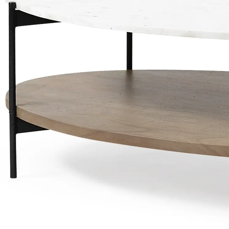 48" Brown and Black Genuine Marble and Metal Oval Coffee Table With Shelf