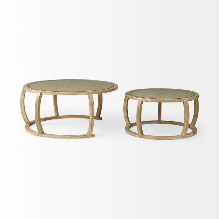 Brown Glass and Solid Wood Round Nested Coffee Tables