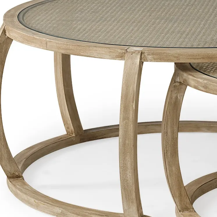 Brown Glass and Solid Wood Round Nested Coffee Tables