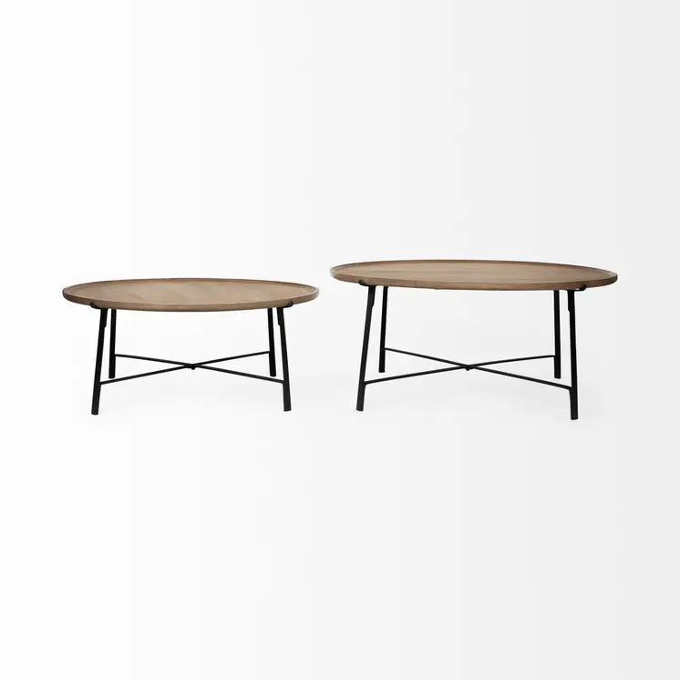 Set of Two Brown and Black Solid Wood and Iron Round Nested Coffee Tables