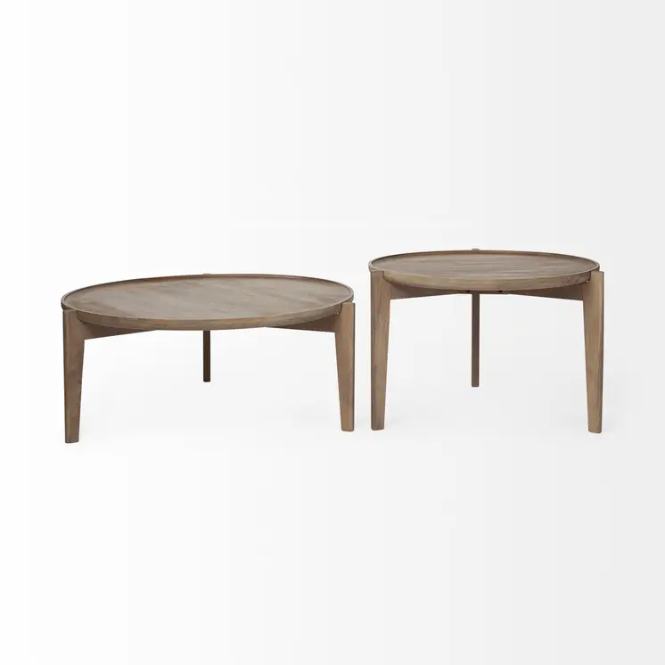 Set of Two Brown Solid Wood Round Nested Coffee Tables