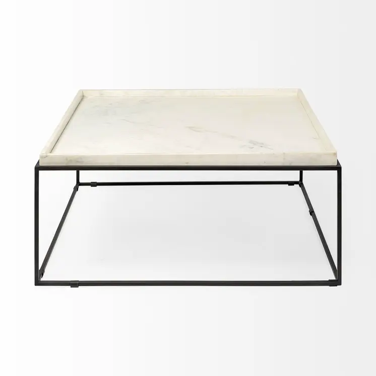 36" White and Black Genuine Marble and Metal Square Coffee Table