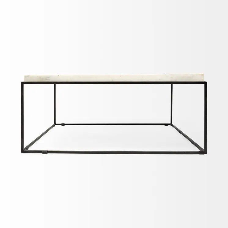 36" White and Black Genuine Marble and Metal Square Coffee Table