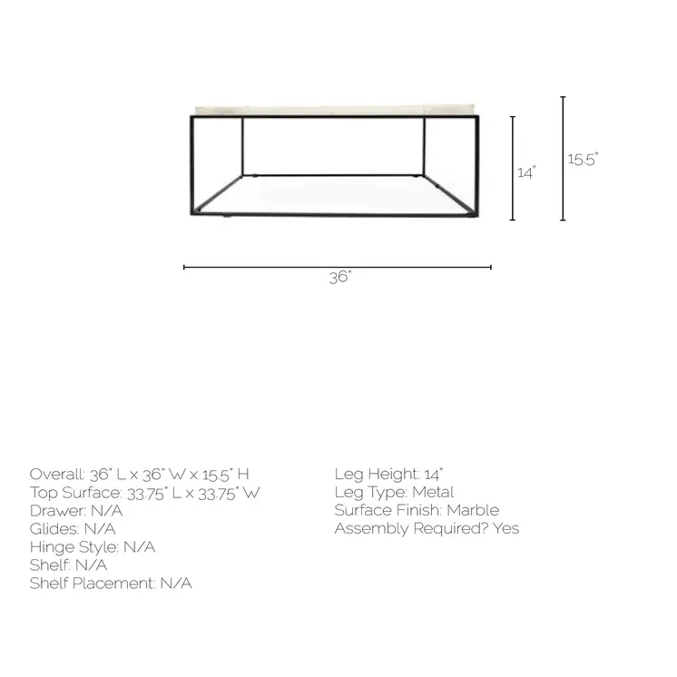 36" White and Black Genuine Marble and Metal Square Coffee Table