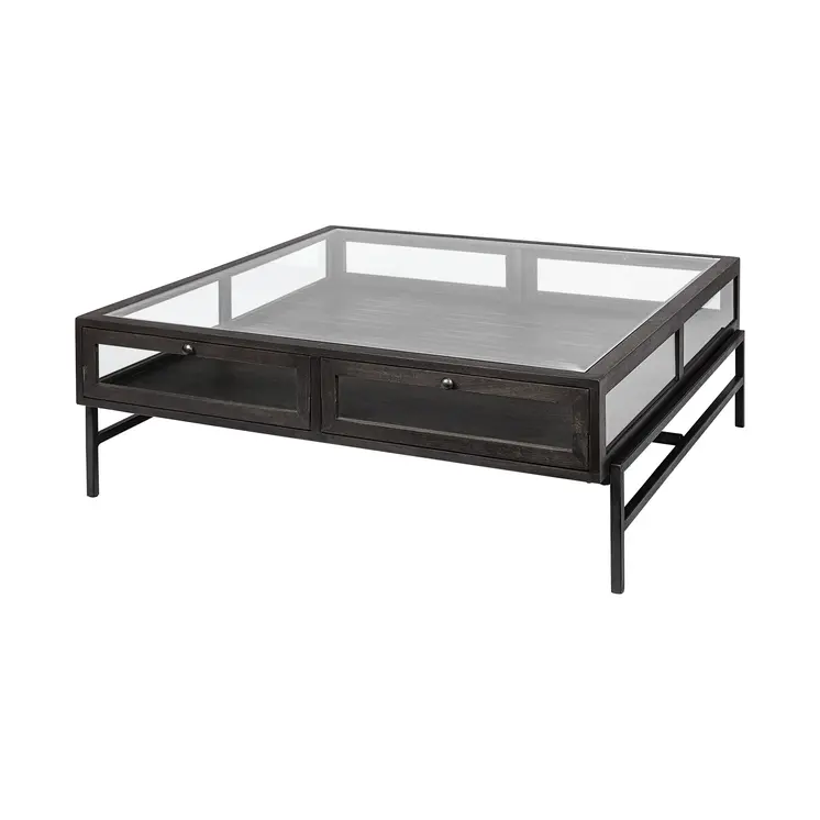 42" Brown and Black Glass and Metal Square Coffee Table With Two Drawers
