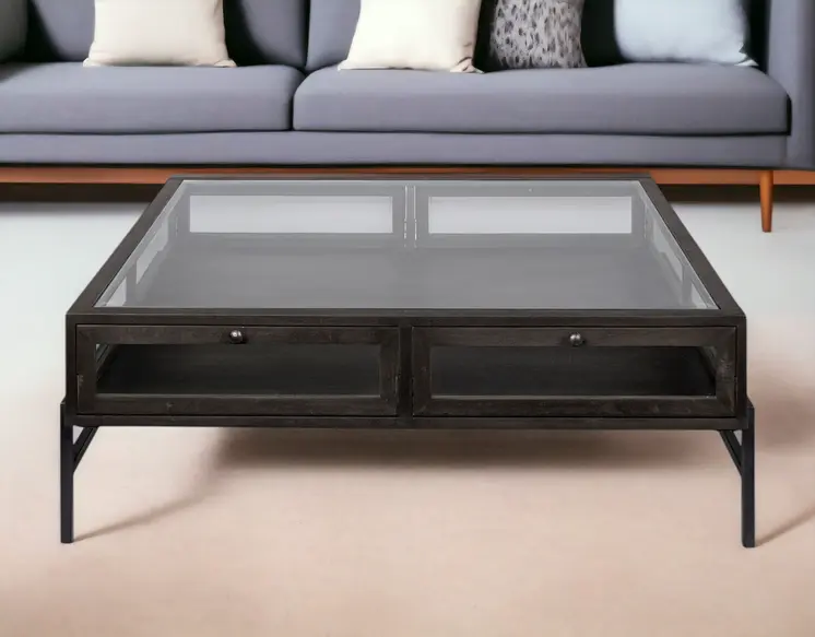 42" Brown and Black Glass and Metal Square Coffee Table With Two Drawers