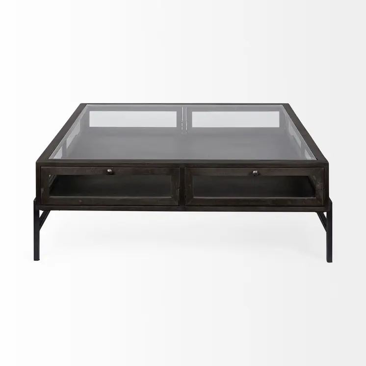 42" Brown and Black Glass and Metal Square Coffee Table With Two Drawers