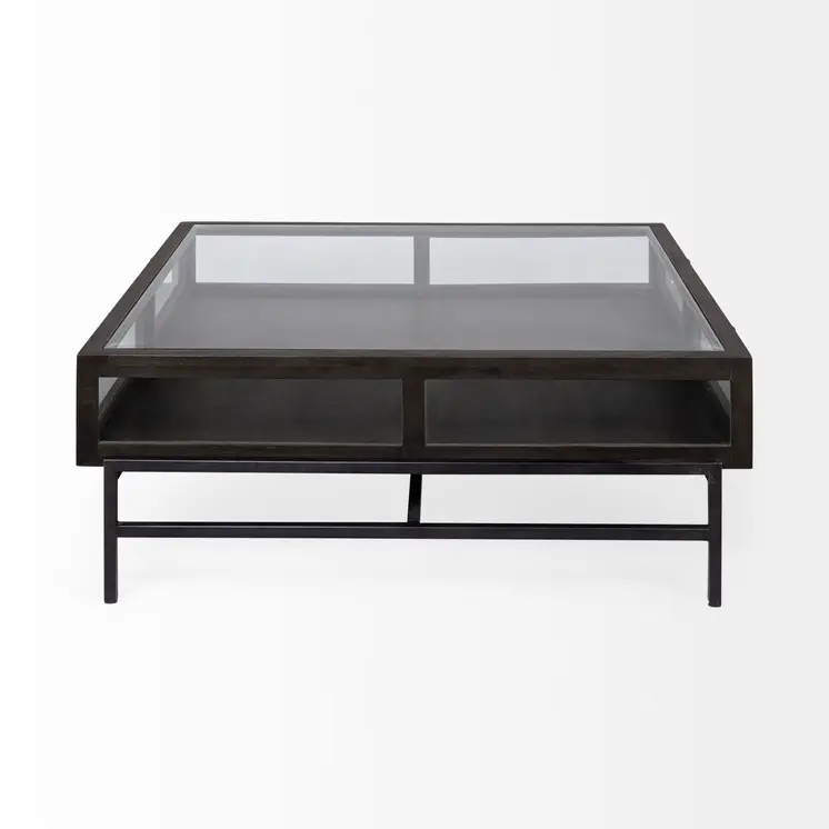 42" Brown and Black Glass and Metal Square Coffee Table With Two Drawers