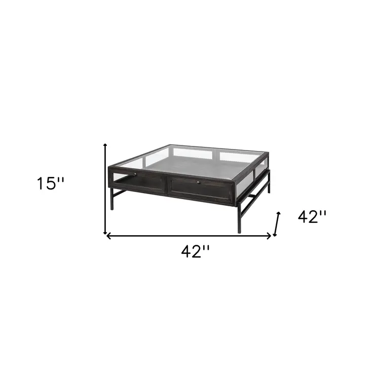 42" Brown and Black Glass and Metal Square Coffee Table With Two Drawers
