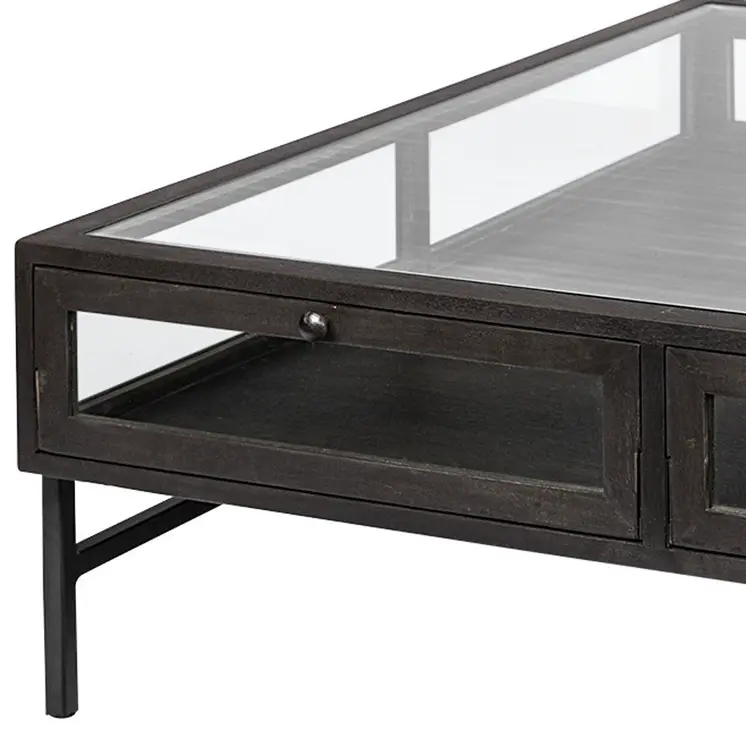 42" Brown and Black Glass and Metal Square Coffee Table With Two Drawers