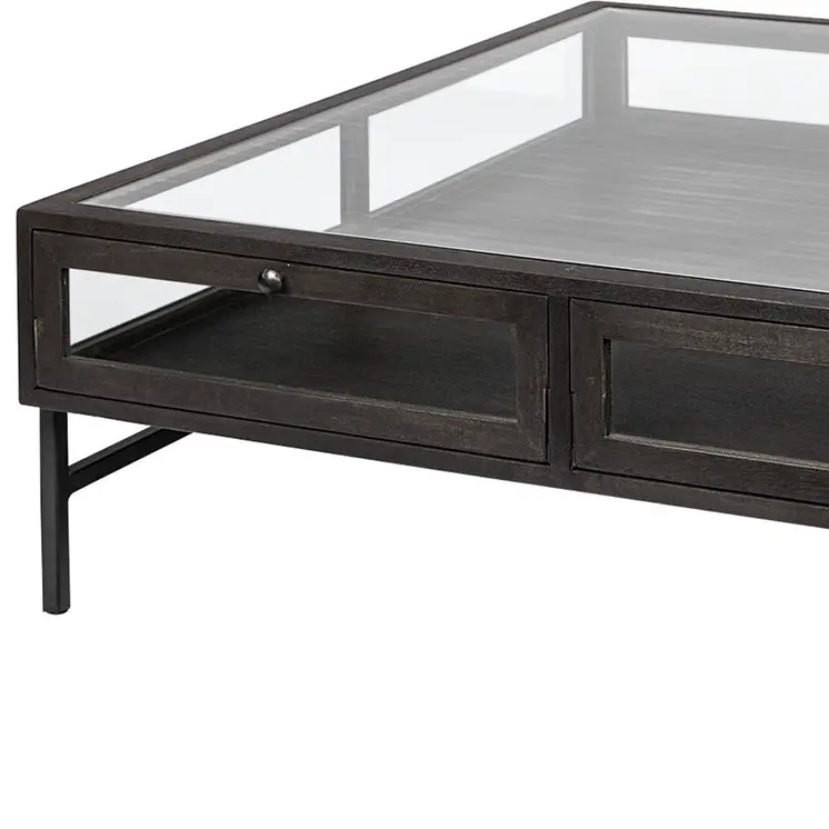 42" Brown and Black Glass and Metal Square Coffee Table With Two Drawers
