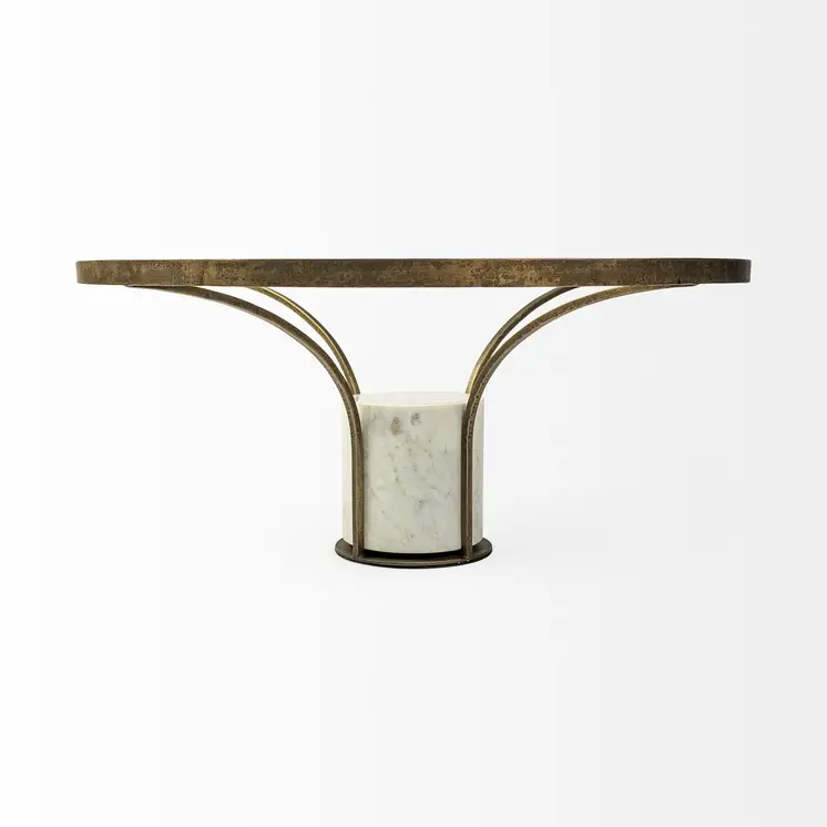 36" Antiqued Gold And White Glass Iron and Marble Round Pedestal Coffee Table
