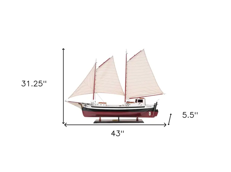 31" Black and White Solid Wood Hand Painted Model Boat Tabletop Sculpture