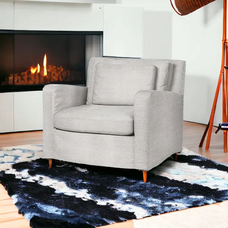 38" Light Gray and Brown Linen Arm Chair