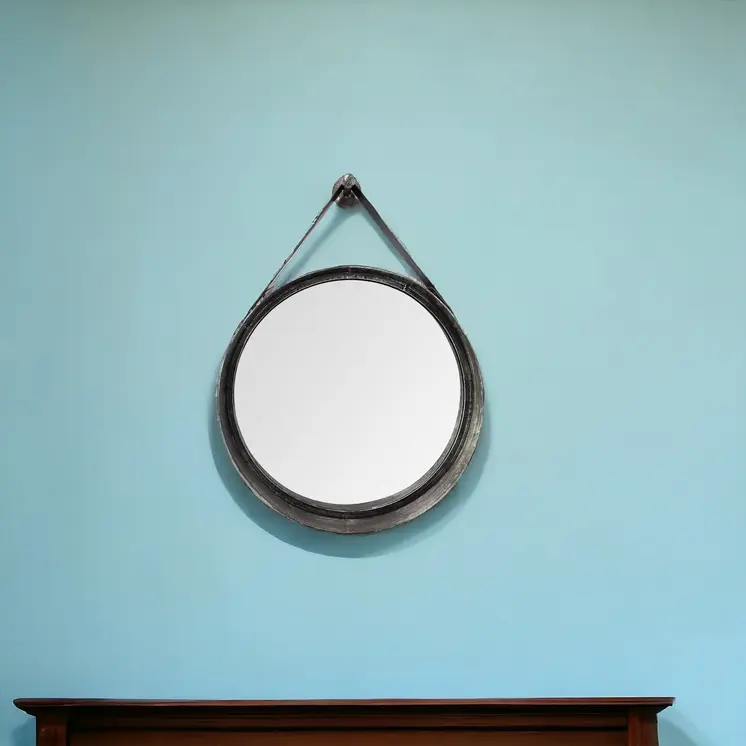 30" Black Round Metal Framed Rope Hanging Accent Mirror