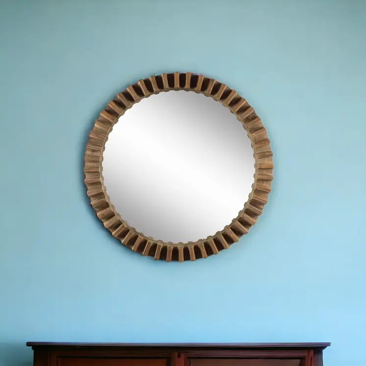 44" Brown Round Wood Framed Accent Mirror