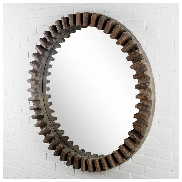 44" Brown Round Wood Framed Accent Mirror